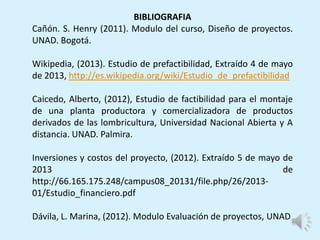 BIBLIOGRAFIA
Cañón. S. Henry (2011). Modulo del curso, Diseño de proyectos.
UNAD. Bogotá.
Wikipedia, (2013). Estudio de prefactibilidad, Extraído 4 de mayo
de 2013, http://es.wikipedia.org/wiki/Estudio_de_prefactibilidad
Caicedo, Alberto, (2012), Estudio de factibilidad para el montaje
de una planta productora y comercializadora de productos
derivados de las lombricultura, Universidad Nacional Abierta y A
distancia. UNAD. Palmira.
Inversiones y costos del proyecto, (2012). Extraído 5 de mayo de
2013 de
http://66.165.175.248/campus08_20131/file.php/26/2013-
01/Estudio_financiero.pdf
Dávila, L. Marina, (2012). Modulo Evaluación de proyectos, UNAD
 