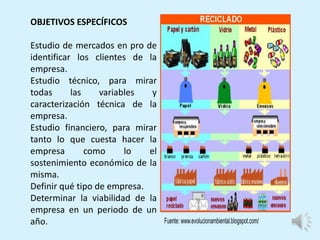 OBJETIVOS ESPECÍFICOS
Estudio de mercados en pro de
identificar los clientes de la
empresa.
Estudio técnico, para mirar
todas las variables y
caracterización técnica de la
empresa.
Estudio financiero, para mirar
tanto lo que cuesta hacer la
empresa como lo el
sostenimiento económico de la
misma.
Definir qué tipo de empresa.
Determinar la viabilidad de la
empresa en un periodo de un
año.
 