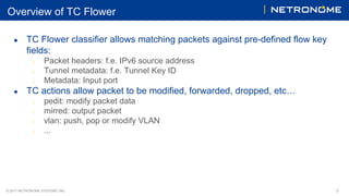 © 2017 NETRONOME SYSTEMS, INC. 3
Overview of TC Flower
● TC Flower classifier allows matching packets against pre-defined flow key
fields:
○ Packet headers: f.e. IPv6 source address
○ Tunnel metadata: f.e. Tunnel Key ID
○ Metadata: Input port
● TC actions allow packet to be modified, forwarded, dropped, etc…
○ pedit: modify packet data
○ mirred: output packet
○ vlan: push, pop or modify VLAN
○ ...
 