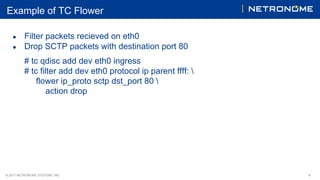 © 2017 NETRONOME SYSTEMS, INC. 4
Example of TC Flower
● Filter packets recieved on eth0
● Drop SCTP packets with destination port 80
# tc qdisc add dev eth0 ingress
# tc filter add dev eth0 protocol ip parent ffff: 
flower ip_proto sctp dst_port 80 
action drop
 
