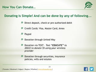 Donating is Simple! And can be done by any of following...
How You Can Donate..
Direct deposit, check or pre-authorized debit
Credit Cards: Visa, Master Card, Amex
Paypal
Donation through United Way
Donation via TEXT – Text “EDUCATE” to
20222 to donate $5 using your wireless
provider
Donation through securities, insurance
policies, wills and estates
| Toronto | Montreal | Calgary | Regina | Windsor| www.tcfcanada.org |
20
 