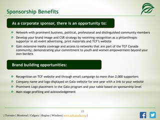 Sponsorship Benefits
As a corporate sponsor, there is an opportunity to:
Network with prominent business, political, professional and distinguished community members
Develop your brand image and CSR strategy by receiving recognition as a philanthropic
supporter in all event advertising, print materials and TCF’s website
Gain extensive media coverage and access to networks that are part of the TCF Canada
community; demonstrating your commitment to youth and women empowerment beyond your
own borders
Brand building opportunities:
Recognition on TCF website and through email campaign to more than 2,000 supporters
Company name and logo displayed on Gala website for one year with a link to your website
Prominent Logo placement in the Gala program and your table based on sponsorship level
Main stage profiling and acknowledgement
| Toronto | Montreal | Calgary | Regina | Windsor| www.tcfcanada.org |
23
 