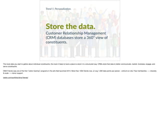 Store the data.
Customer Rela+onship Management
(CRM) databases store a 360* view of
cons+tuents.
Trend 1: Personaliza0on.
The more data you start to gather about individual constituents, the more it helps to have a place to store it in a structured way. CRMs store that data to better communicate, market, fundraise, engage, and
serve constituents.

DMA Friends was one of the ﬁrst “visitor tracking” programs in the arts ﬁeld launched 2013. More than 100k friends now, w/ avg 1,000 data points per person - online & on site. Free membership —> diversity
& scale —> donor support. 

rjstein.com/portfolio/dma-friends/
 