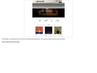 PCS Playmaker - just launched ﬁrst in the country for a performing arts organizations. They are giving a session right now about the initiative.

https://pcsplaymaker.org/Login-Signup
 