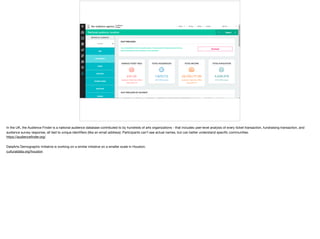 In the UK, the Audience Finder is a national audience database contributed to by hundreds of arts organizations - that includes user-level analysis of every ticket transaction, fundraising transaction, and
audience survey response, all tied to unique identiﬁers (like an email address). Participants can’t see actual names, but can better understand speciﬁc communities. 

https://audienceﬁnder.org/ 

DataArts Demographic Initiative is working on a similar initiative on a smaller scale in Houston. 

culturaldata.org/houston
 