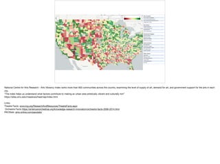 National Centre for Arts Research - Arts Vibrancy Index ranks more than 900 communities across the country, examining the level of supply of art, demand for art, and government support for the arts in each
city. 

“The index helps us understand what factors contribute to making an urban area artistically vibrant and culturally rich”

https://sites.smu.edu/meadows/heatmap/index.html

Links: 

Theatre Facts: www.tcg.org/ResearchAndResources/TheatreFacts.aspx 

Orchestra Facts https://americanorchestras.org/knowledge-research-innovation/orchestra-facts-2006-2014.html 

PACStats: ams-online.com/pacstats/
 