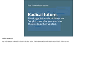 Trend 5: New collec0on methods.
Radical future.
The Google Ads model of disrup+on:
Google knows what you search for.
Theatres know how you feel.
This is my radical future. 

What if you had access to geospatial or biometric data about visitors? What if image recognition would instantly identify & classify whatever you saw?
 
