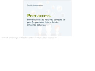 Trend 6: Consumer access.
Peer access.
Provide access to how you compare to
peer (or previous) data points to
inﬂuence behavior.
Sometimes it’s not about knowing our own data, but how we contribute to the whole picture, or how we compare to our peers.
 