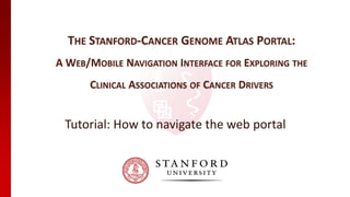 THE STANFORD-CANCER GENOME ATLAS PORTAL:
A WEB/MOBILE NAVIGATION INTERFACE FOR EXPLORING THE
CLINICAL ASSOCIATIONS OF CANCER DRIVERS
Tutorial: How to navigate the web portal
 