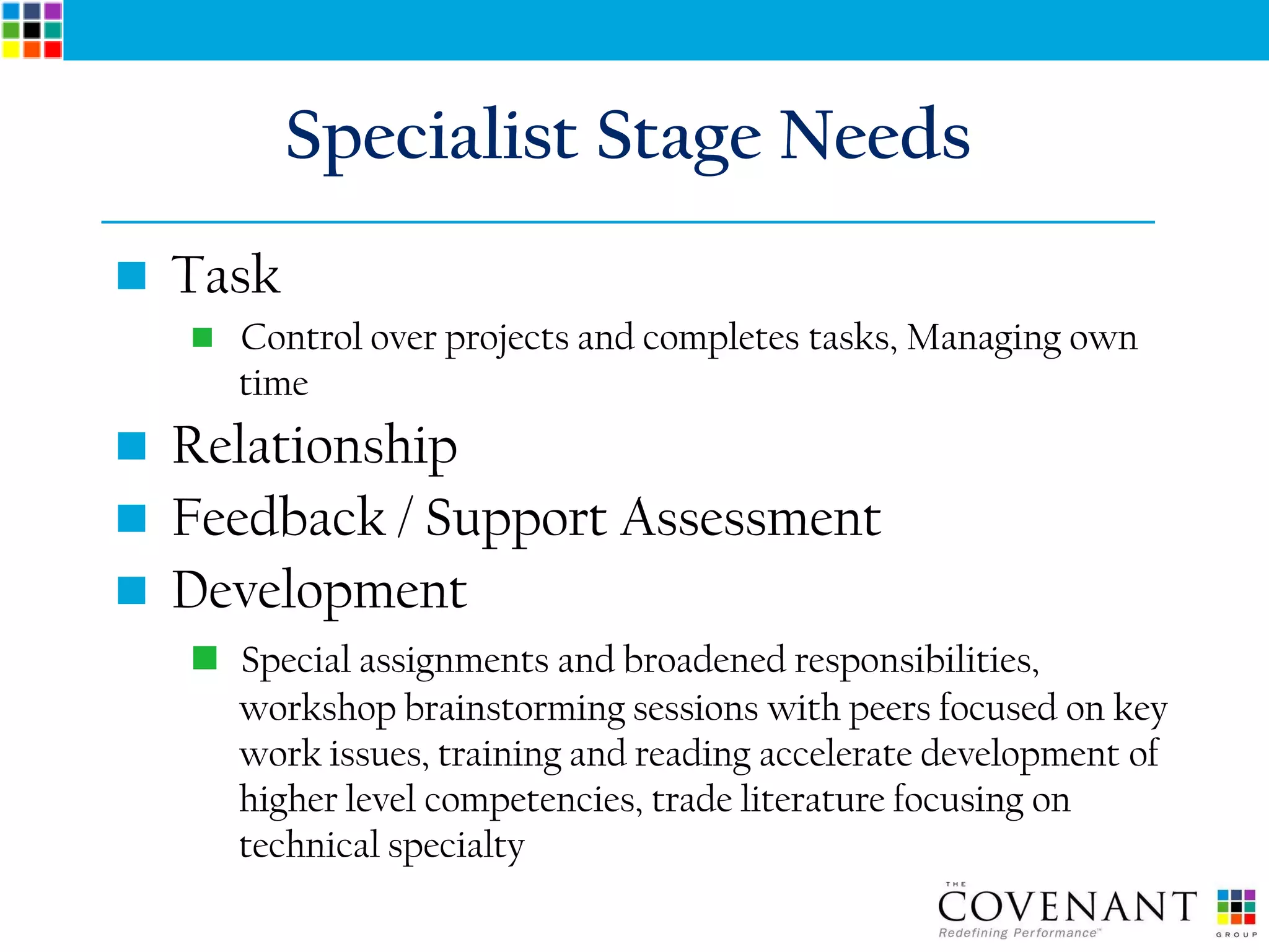 Specialist Stage Needs
 Task
    Control over projects and completes tasks, Managing own
      time
 Relationship
 Feedback / Support Assessment
 Development
    Special assignments and broadened responsibilities,
     workshop brainstorming sessions with peers focused on key
     work issues, training and reading accelerate development of
     higher level competencies, trade literature focusing on
     technical specialty
 