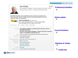 Professional Headline Status update Current Positions Websites & Twitter Profile link 