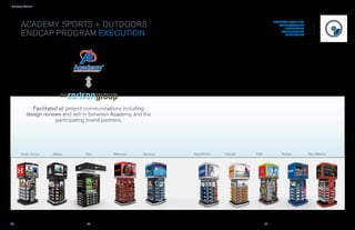› Success Stories




        Academy Sports + Outdoors                                                                         PROGRAM PLANNING
                                                                                                             MANUFACTURING
                                                                                                                INSTALLATION

        endcap program EXECUTION                                                                              WAREHOUSING
                                                                                                                 FULFILLMENT




              Facilitated all project communications including
            design reviews and sell-in between Academy and the
                        participating brand partners.




        Under Armour   Adidas      Nike       Wolverine   Skechers   Asics/Puma   Lifestyle   Kids            Reebok           New Balance




                                    46                                                               47
 