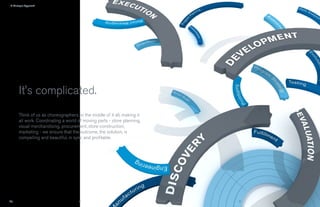 › A Strategic Approach




        It's complicated.
        Think of us as choreographers, in the middle of it all, making it
        all work. Coordinating a world of moving parts - store planning,
        visual merchandising, procurement, store construction,
        marketing - we ensure that the outcome, the solution, is
        compelling and beautiful, in sync and profitable.




                                        8                                   9
 