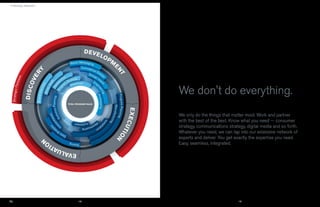 › A Strategic Approach




                              We don't do everything.
                              We only do the things that matter most. Work and partner
                              with the best of the best. Know what you need — consumer
                              strategy, communications strategy, digital media and so forth.
                              Whatever you need, we can tap into our extensive network of
                              experts and deliver. You get exactly the expertise you need.
                              Easy, seamless, integrated.




                         14                                  15
 