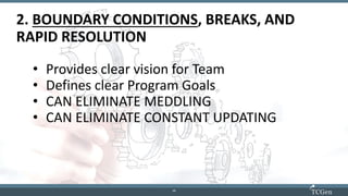 13
1313
2. BOUNDARY CONDITIONS, BREAKS, AND
RAPID RESOLUTION
• Provides clear vision for Team
• Defines clear Program Goals
• CAN ELIMINATE MEDDLING
• CAN ELIMINATE CONSTANT UPDATING
 