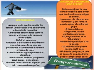 RESPONSABILIDAD:
•Asegurarse de que los estudiantes
definan una situación que es relevante
e importante para ellos.
•Obtener los detalles tales como la
escena y el número de personas
involucradas.
• Definir el escenario.
• Preparar a la audiencia haciéndoles
preguntas específicas para ser
preparadas y contestadas al terminar
el juego de roles.
• Seleccionar el lugar a presentar la
didáctica.
• Seleccionar el material que pueda
servir para el juego de rol.
• Ponerse de acuerdo en el papel que
cada uno va a desempeñar.
DIFICULTADES Y BARRERAS DE
JUEGO DE ROLES:
•Debe manejarse de una
forma cuidadosa para evitar
que las situaciones se salgan
de control.
•Los grupos de alumnos son
numerosos y por tanto se
puede perder el control del
grupo.
•El juego debe ser
congruente con los
contenidos del curso.
• El juego de roles es un
“laboratorio”.
•Nadie debe participar si no
lo desea.
• La teatralización puede
hacerlo inútil, pero
difícilmente peligroso; el que
se convierta en psicodrama
puede complicar las cosas.
 