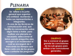 PLENARIA
¿QUÉ ES?
Se refiere a la junta
general que organiza
una entidad reuniendo a
todos sus representantes o
integrantes.
- Es una de las técnicas de
comunicación oral, que
facilita la conversación sobre
algún tema a tratar, para
realizar una plenaria es
necesario: seleccionar el
tema usando preguntas ejes,
escoger a un moderador el
cual se encargará de ir
marcando los tiempos que
tiene cada uno de los grupos
para contestar las preguntas.
OBJETIVO:
Dar a conocer al grupos
grande las conclusiones
de los sub grupos para
arribar a las conclusiones
generales.
 
