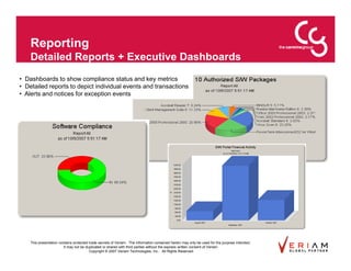 Reporting
    Detailed Reports + Executive Dashboards
• Dashboards to show compliance status and key metrics
• Detailed reports to depict individual events and transactions
• Alerts and notices for exception events




    This presentation contains protected trade secrets of Veriam. The information contained herein may only be used for the purpose intended.
                         It may not be duplicated or shared with third parties without the express written consent of Veriam.
                                         Copyright © 2007 Veriam Technologies, Inc.. All Rights Reserved.
 