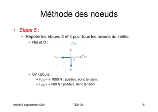 Méthode des noeuds
• Étape 5 :
– Répéter les étapes 3 et 4 pour tous les nœuds du treillis.– Répéter les étapes 3 et 4 pour tous les nœuds du treillis.
• Nœud D :
• On calcule :
mardi 8 septembre 2009 TCH-001 16
• On calcule :
– FCD = + 1000 N : positive, donc tension;
– FDB = + 500 N : positive, donc tension.
 