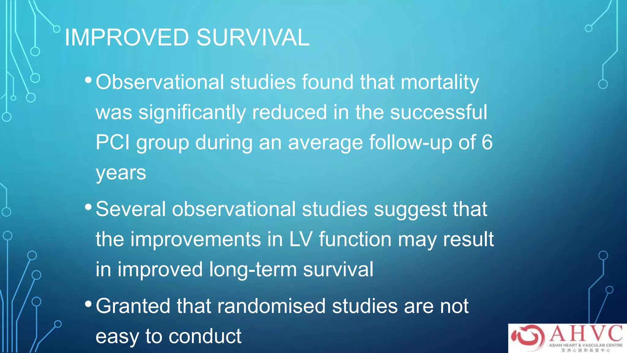 IMPROVED SURVIVAL
•Observational studies found that mortality
was significantly reduced in the successful
PCI group during an average follow-up of 6
years
•Several observational studies suggest that
the improvements in LV function may result
in improved long-term survival
•Granted that randomised studies are not
easy to conduct
 