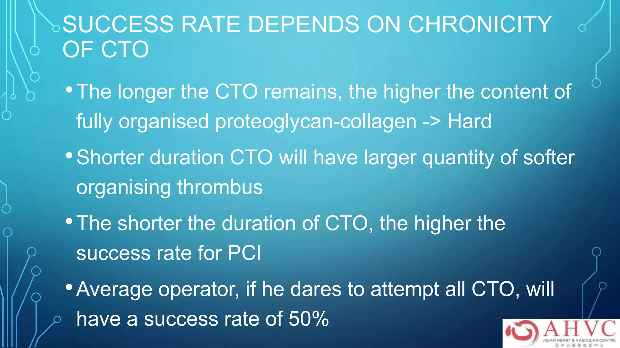 SUCCESS RATE DEPENDS ON CHRONICITY
OF CTO
•The longer the CTO remains, the higher the content of
fully organised proteoglycan-collagen -> Hard
•Shorter duration CTO will have larger quantity of softer
organising thrombus
•The shorter the duration of CTO, the higher the
success rate for PCI
•Average operator, if he dares to attempt all CTO, will
have a success rate of 50%
 