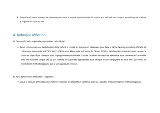  Potenciar el mayor número de ocasiones para usar la lengua, aprovechando las rutinas y la vida del aula, pues el aprendizaje se produce
y se generaliza con su uso.

4. Rubrique réflexion
A) Comment t’es-tu organisée pour réaliser cette tâche?
 Avant commencer avec la réalisation de la tâche J’ai révisée les documents nécessaire pour faire la tâche (la programmation officielle de
l’Education Maternelle, le CERCL, le PEL d’Education Maternelle et L’ordre du 25 juin 2009) et j’ai choisi le format du travail. Après J’ai
choisi les objectifs et contenus dans la programmation officielle. Ensuite j’ai choisi le niveau de référence pour commencer à travailler
avec une nouvelle langue (A1.1). J’ai cherche las capacités appropriées pour chaque activité langagière et pour finir, j’ai choisi les
orientations méthodologiques que je vais appliquer en cours.

B) As-tu éprouvé des difficultés? Lesquelles?
 Oui, J’ai éprouvé difficultés pour mettre en relation les objectifs et contenus avec las capacités et las orientations méthodologiques.

 