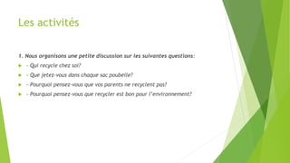 Les activités
1. Nous organisons une petite discussion sur les suivantes questions:
 - Qui recycle chez soi?
 - Que jete...