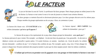 LE FACTEUR
Le jeu est fait dans la cour de l’école. Le professeur fait deux groupes. Dans chaque groupe un enfant jouera le rôle
du facteur. Le facteur se met contre le mur et le reste de joueurs se situent à une certaine distance.
Les deux groupes se mettent d'accord et choisissent plusieurs pays. Les deux groupes doivent avoir les mêmes pays.
Chaque membre du groupe représentera un de ces pays. Alors, on commence à jouer.
Le facteur dit à haute voix : UN FACTEUR! et les
enfants demandent: qu'est-ce qu'il apporte ?
Le facteur répond : DES CARTES. Les
enfants lui demandent : pour qui ?
Le facteur dit un pays et les représentant de ce pays dans chaque groupe lui demandent : avec quels pas ?
Le facteur précisera le pas à imiter. Par exemple : un éléphant : ils devront faire de grands pas. Une grenouille : ils devront se
déplacer comme une grenouille à quatre pattes. À la patte boiteuse, en sautant, marchant, etc. Avant de partir, les enfants
devront demander : combien de pas ? et le facteur dira combien de pas. Par exemple: quatre, cinq, trois. Il faut changer de
joueur à chaque tour. On peut seulement dire jusqu'au numéro 6, pour que les deux équipes jouent dans les mêmes conditions.
L'enfant qui arrivera en premier sera le gagnant avec son groupe et il deviendra le facteur à son tour !
 