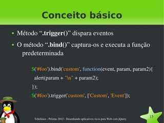 Conceito básico
●   Método “.trigger()” dispara eventos
●   O método “.bind()” captura­os e executa a função 
     predeterminada

         $('#foo').bind('custom', function(event, param, param2){
           alert(param + "n" + param2);
         });
         $('#foo').trigger('custom', ['Custom', 'Event']);



          Tchelinux ­ Pelotas 2012 ­ Desenhando aplicativos ricos para Web com jQuery
                                                                                        15
 