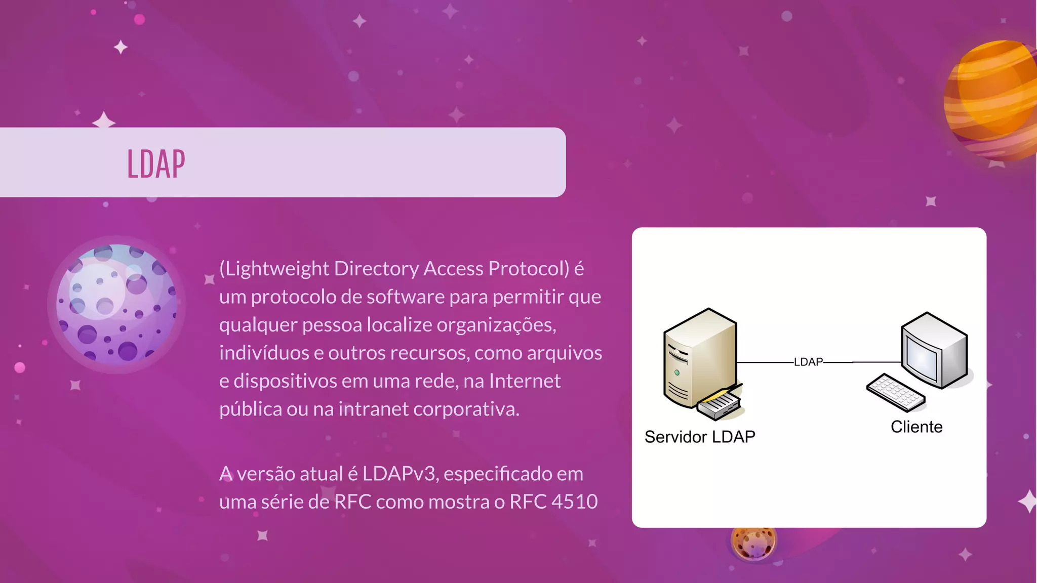 LDAP
(Lightweight Directory Access Protocol) é
um protocolo de software para permitir que
qualquer pessoa localize organizações,
indivíduos e outros recursos, como arquivos
e dispositivos em uma rede, na Internet
pública ou na intranet corporativa.
A versão atual é LDAPv3, especiﬁcado em
uma série de RFC como mostra o RFC 4510
 