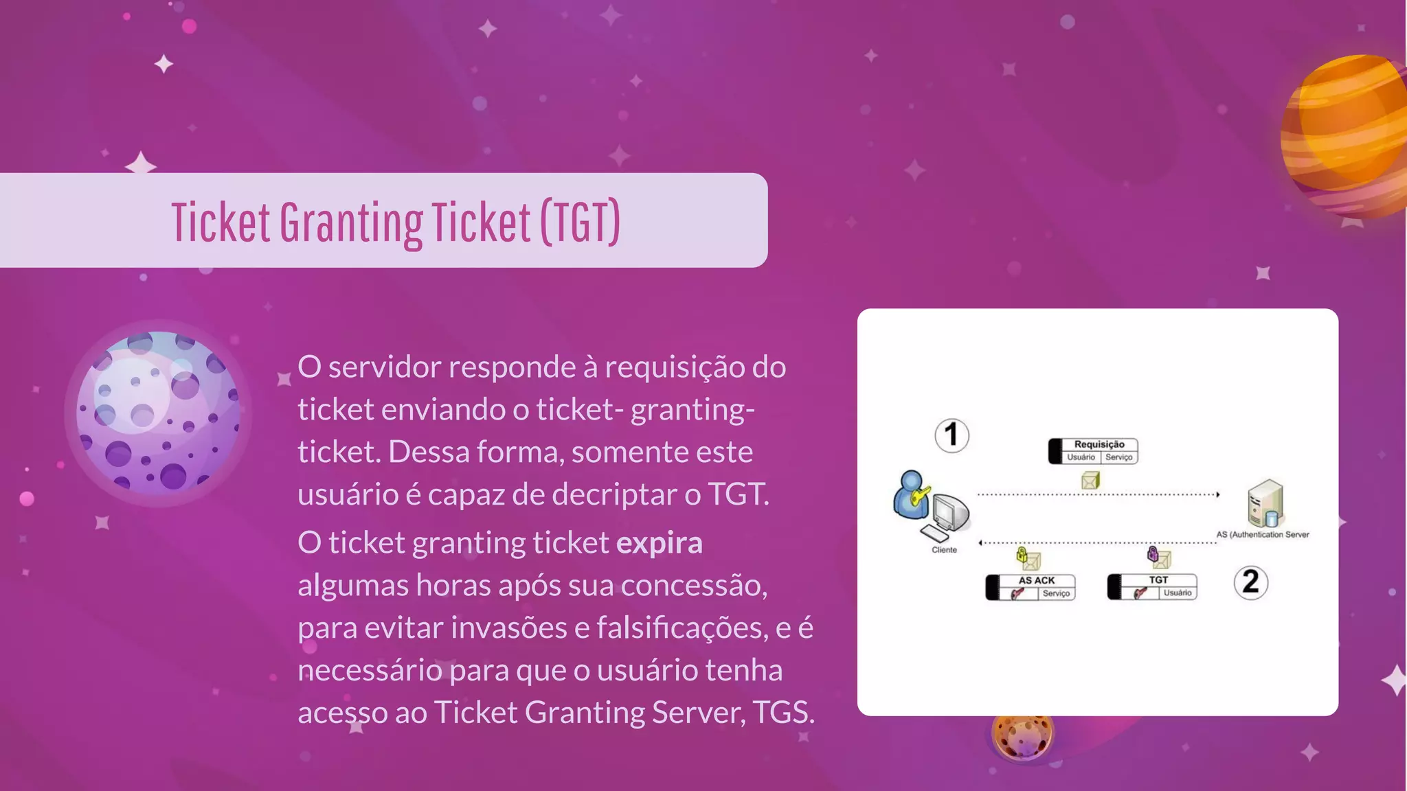 TicketGrantingTicket(TGT)
O servidor responde à requisição do
ticket enviando o ticket- granting-
ticket. Dessa forma, somente este
usuário é capaz de decriptar o TGT.
O ticket granting ticket expira
algumas horas após sua concessão,
para evitar invasões e falsiﬁcações, e é
necessário para que o usuário tenha
acesso ao Ticket Granting Server, TGS.
 