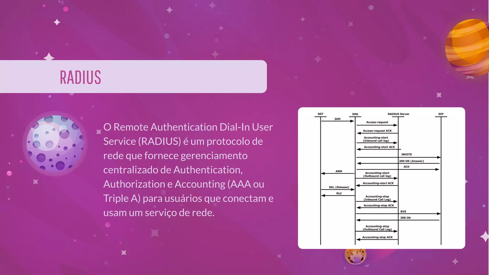 RADIUS
O Remote Authentication Dial-In User
Service (RADIUS) é um protocolo de
rede que fornece gerenciamento
centralizado de Authentication,
Authorization e Accounting (AAA ou
Triple A) para usuários que conectam e
usam um serviço de rede.
 