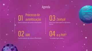 Agenda
01Gerenciamento de acesso à identidade
02
Processode
autenticação
Gerenciamento de acesso à identidade
IAM
03Easy Linux alternative to Windows
Server
Zentyal
04Criando o logon único...
eoPHP?
 
