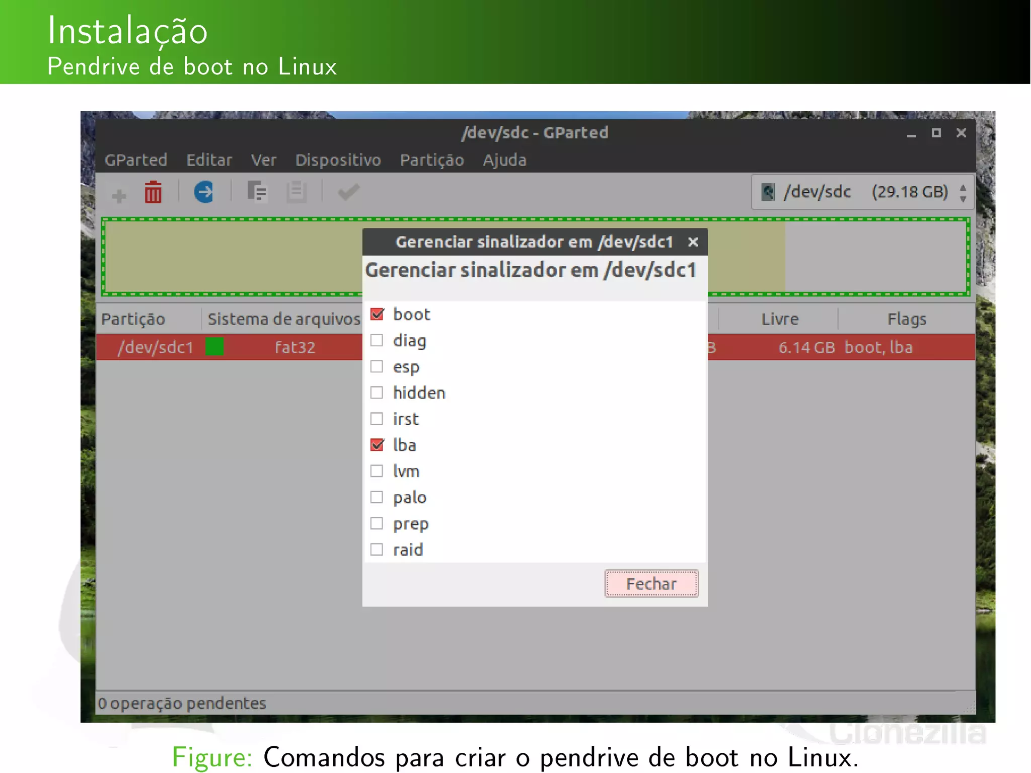 Instalação
Pendrive de boot no Linux
Figure: Comandos para criar o pendrive de boot no Linux.
 