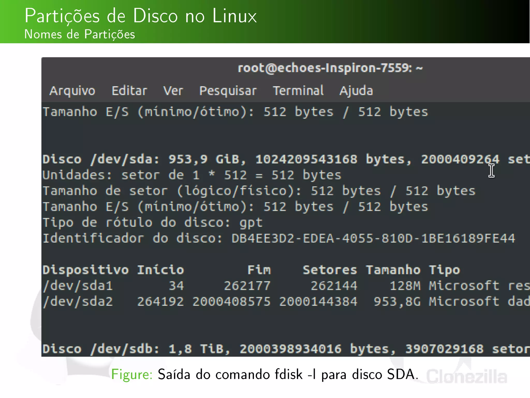 Partições de Disco no Linux
Nomes de Partições
Figure: Saída do comando fdisk -l para disco SDA.
 