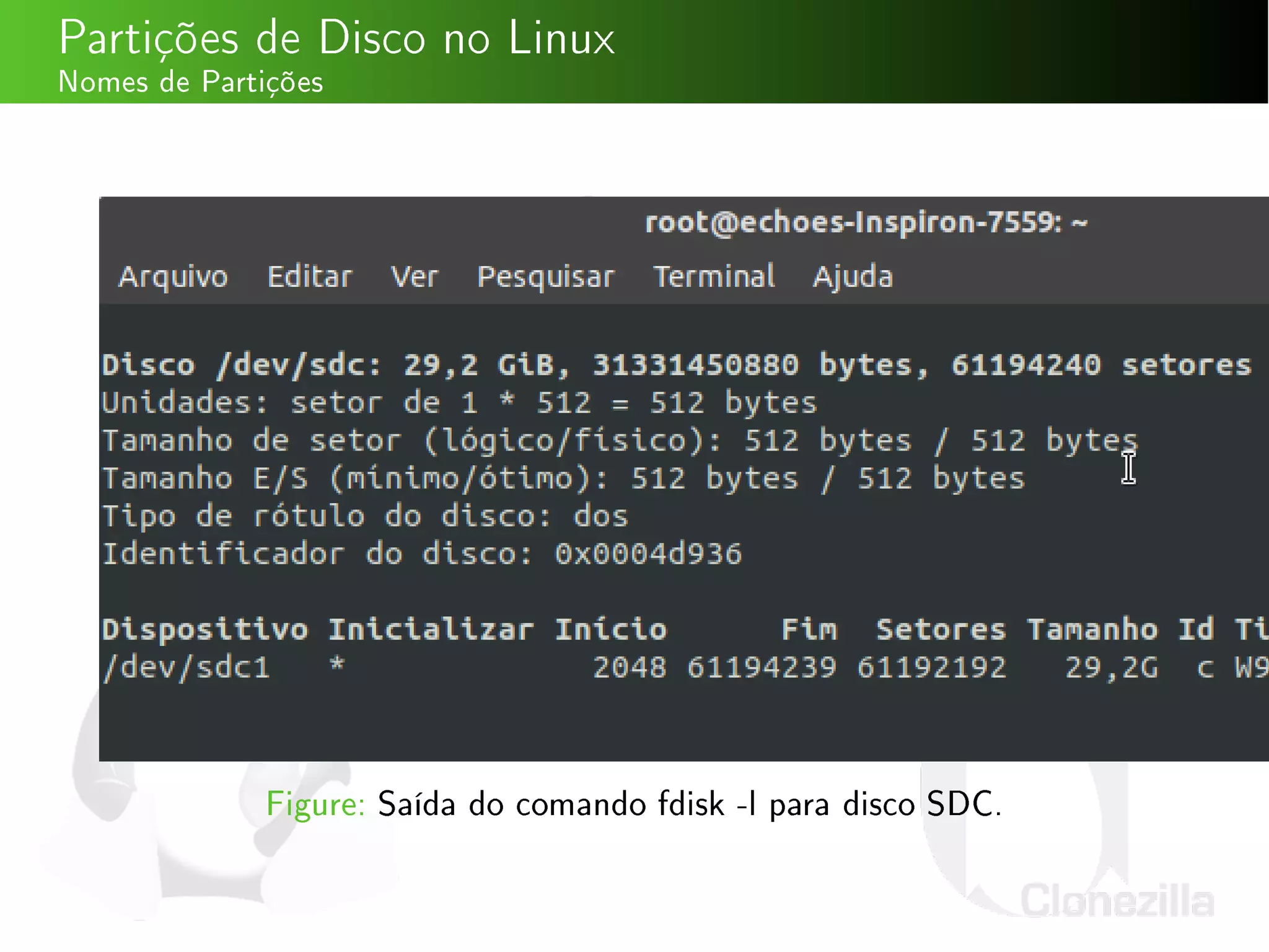 Partições de Disco no Linux
Nomes de Partições
Figure: Saída do comando fdisk -l para disco SDC.
 