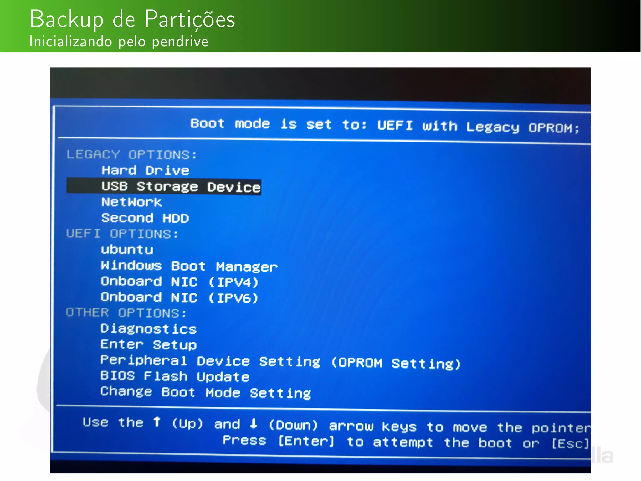 Backup de Partições
Inicializando pelo pendrive
 