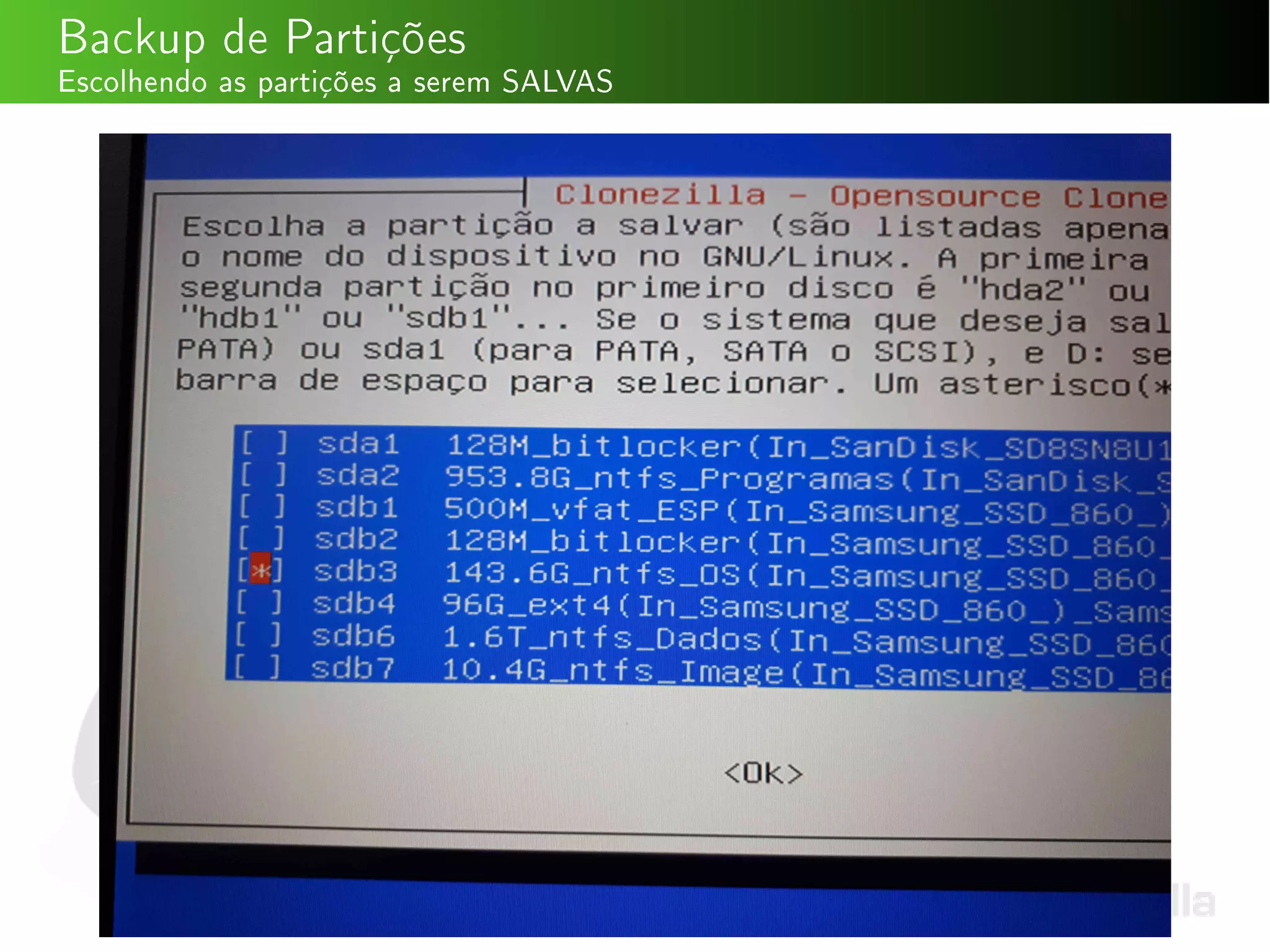 Backup de Partições
Escolhendo as partições a serem SALVAS
 