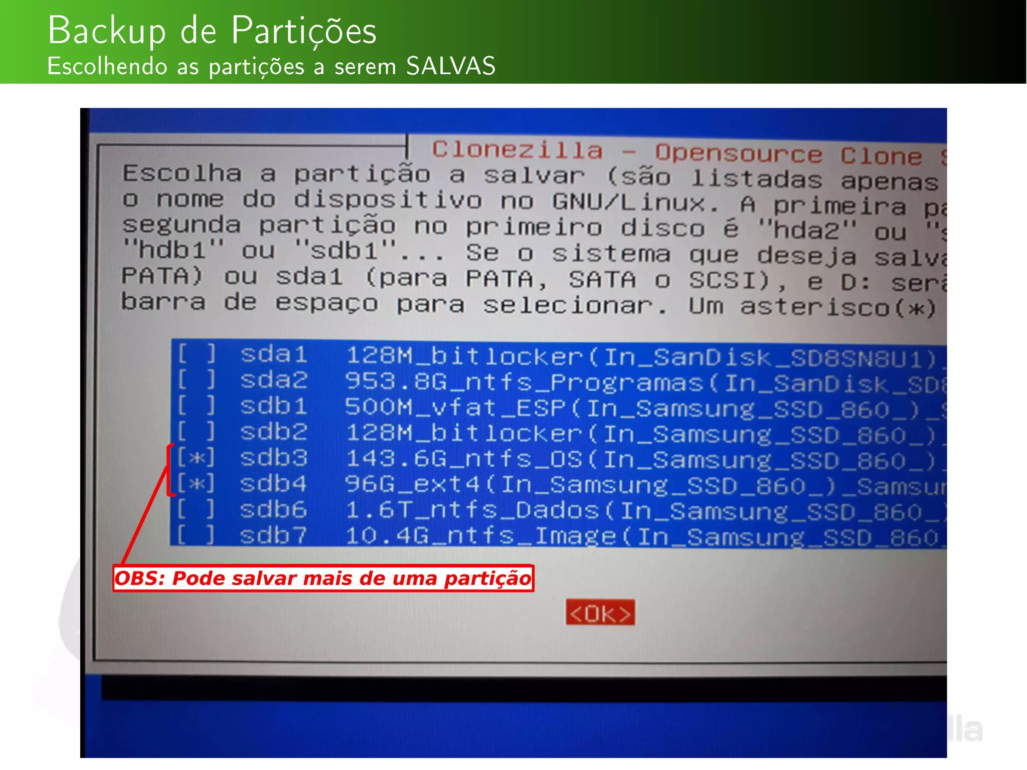 Backup de Partições
Escolhendo as partições a serem SALVAS
 