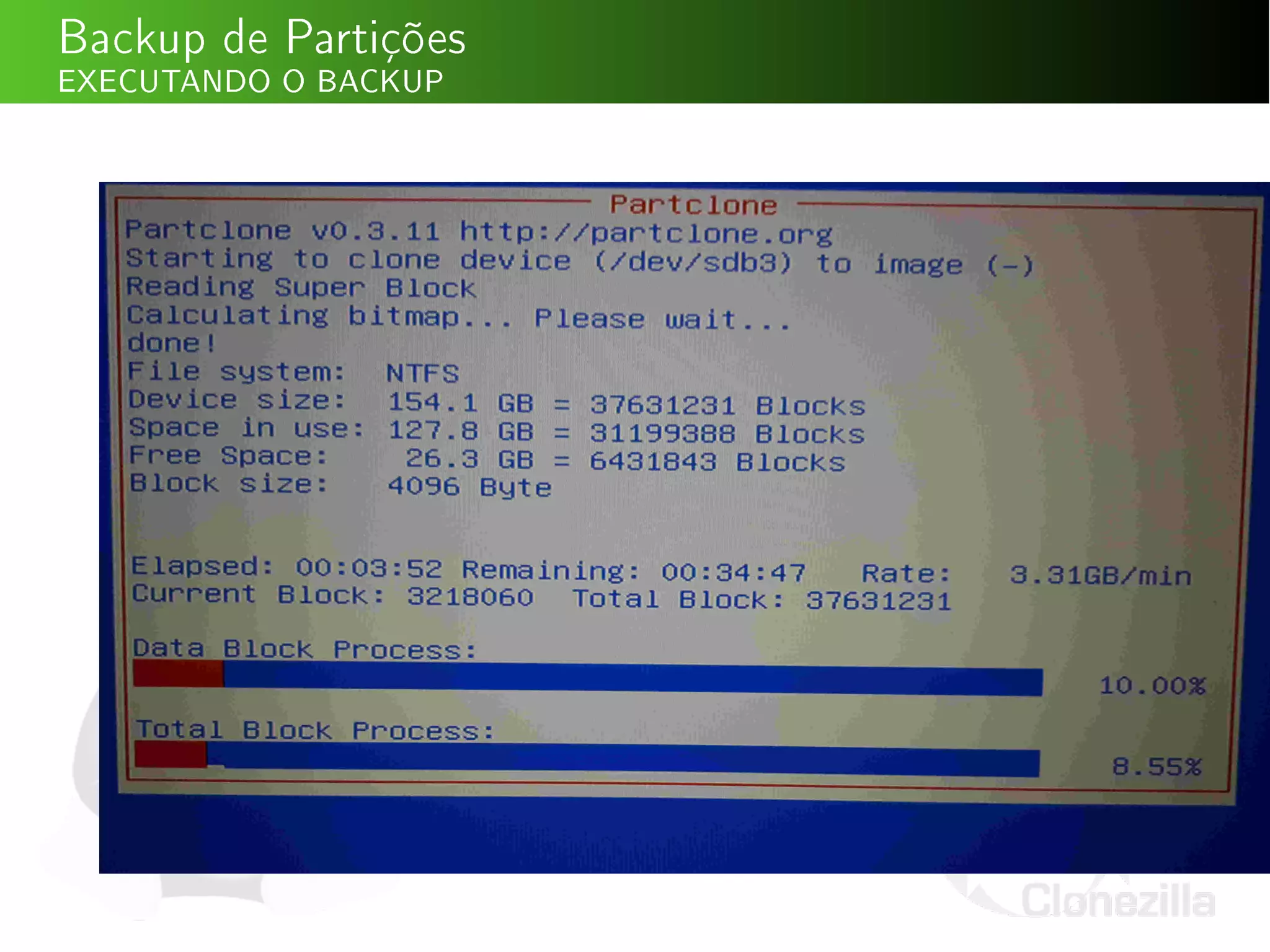 Backup de Partições
EXECUTANDO O BACKUP
 