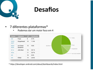 •  7	
  diferentes	
  plataformas*	
  
Desaﬁos	
  
*	
  hNps://developer.android.com/about/dashboards/index.html	
  
•  Podemos	
  dar	
  um	
  maior	
  foco	
  em	
  4	
  
 