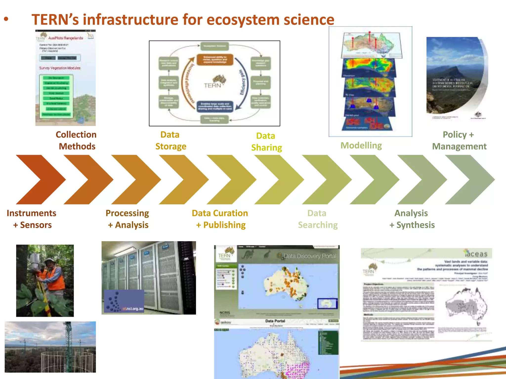 Instruments
+ Sensors
Policy +
Management
Analysis
+ Synthesis
Modelling
Data
Searching
Data
Sharing
Data Curation
+ Publishing
Data
Storage
Processing
+ Analysis
Collection
Methods
• TERN’s infrastructure for ecosystem science
 