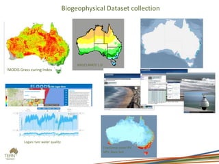 Fractional cover PV,
NPV, Bare Soil
ANUCLIMATE 1.0
Logan river water quality
MODIS Grass curing Index
Biogeophysical Dataset collection
 