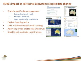 TERN’s impact on Terrestrial Ecosystem research data sharing
• Domain specific data management
• Data and meta-entry tools
• Metadata standards
• Open standards for data delivery
• Flexible licensing policy
• Links to national research data catalog
• Ability to provide citable data (with DOIs)
• Scalable and replicable infrastructure
 