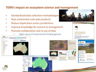 TERN’s impact on ecosystem science and management
• Standardised data collection methodologies
• New continental scale data products
• Reduce duplication across jurisdictions
• Improve knowledge for science to management
• Promote collaboration and re-use of data
• higher return of investment for funding agencies
 