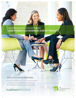 Whatwe'reseeing right now
Business looks better among Florida’s women-owned
companies, with key performance indicators up in
2017, and optimism returning among respondents.
THECOMMONWEALTH INSTITUTE SOUTH FLORIDA’S
2018WOMEN-LED BUSINESS SURVEY RESULTS
 