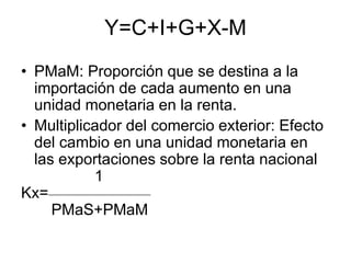 Y=C+I+G+X-M
• PMaM: Proporción que se destina a la
importación de cada aumento en una
unidad monetaria en la renta.
• Multiplicador del comercio exterior: Efecto
del cambio en una unidad monetaria en
las exportaciones sobre la renta nacional
1
Kx=
PMaS+PMaM
 