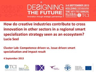 How do creative industries contribute to cross
innovation in other sectors in a regional smart
specialization strategy seen as an ecosystem?
Lucia Seel
Cluster Lab: Competence driven vs. issue driven smart
specialization and impact result
4 September 2013
 