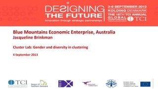 Blue Mountains Economic Enterprise, Australia
Jacqueline Brinkman
Cluster Lab: Gender and diversity in clustering
4 September 2013
 