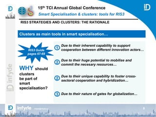 15th TCI Annual Global Conference
Smart Specialisation & clusters: tools for RIS3
infyde@infyde.eu 8
RIS3 STRATEGIES AND CLUSTERS: THE RATIONALE
Clusters as main tools in smart specialisation…
WHY should
clusters
be part of
smart
specialisation?
Due to their inherent capability to support
cooperation between different innovation actors…
Due to their unique capability to foster cross-
sectoral cooperation and hybridization…
Due to their nature of gates for globalization…
1
2
3
Due to their huge potential to mobilise and
commit the necesary resources…
2
RIS3 Guide
pages 67-69
 